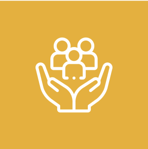 Hands holding people icons on yellow background.